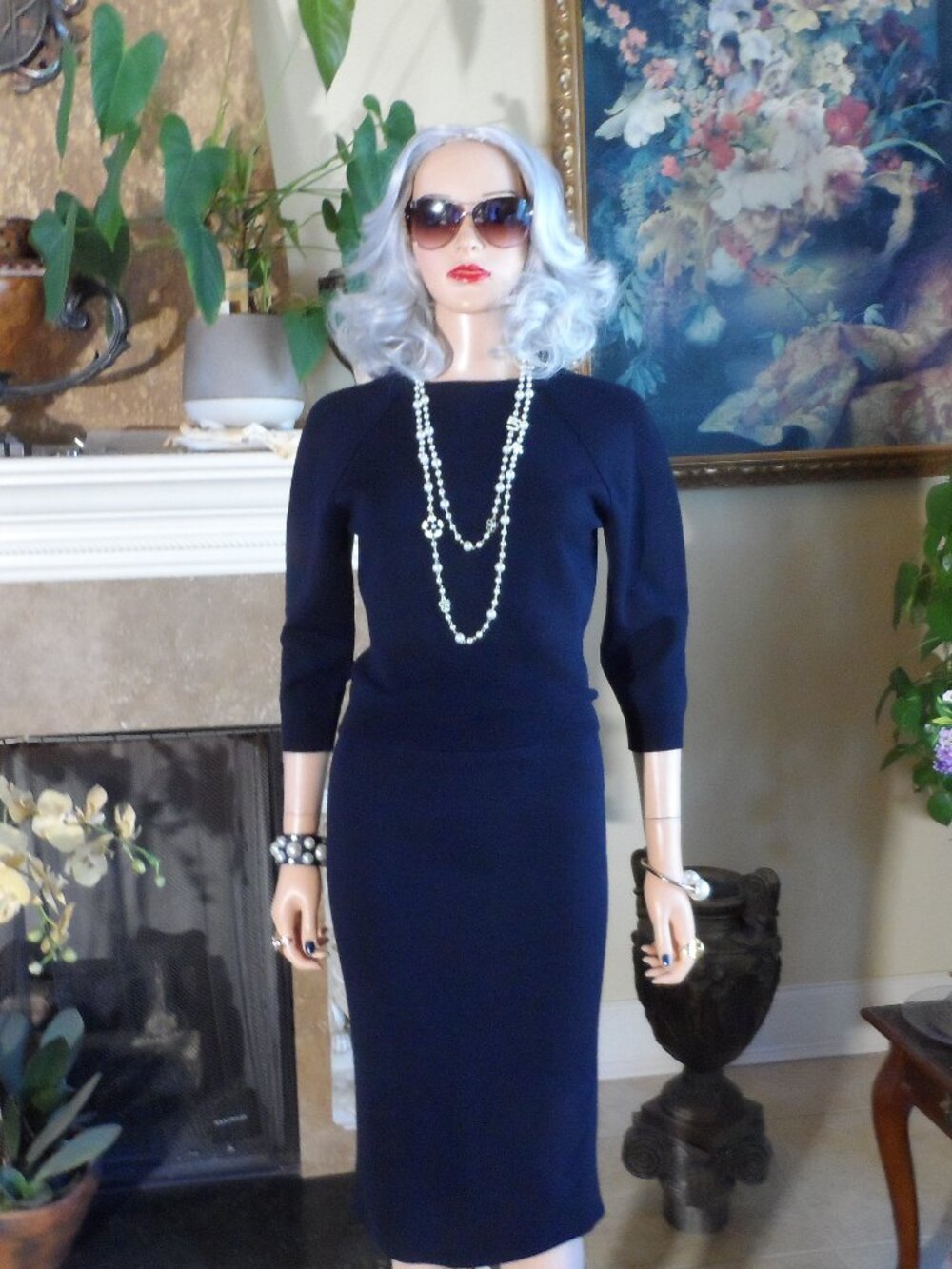 Alexander McQueen Navy Blue Wool Knit Sweater & Skirt Suit Size M